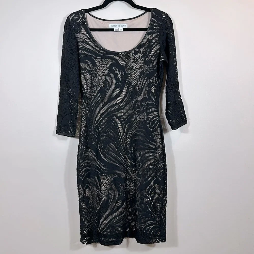 Maggy London Black Lace Midi Longsleeve Fairy Whimsygoth Dress Women Size 10